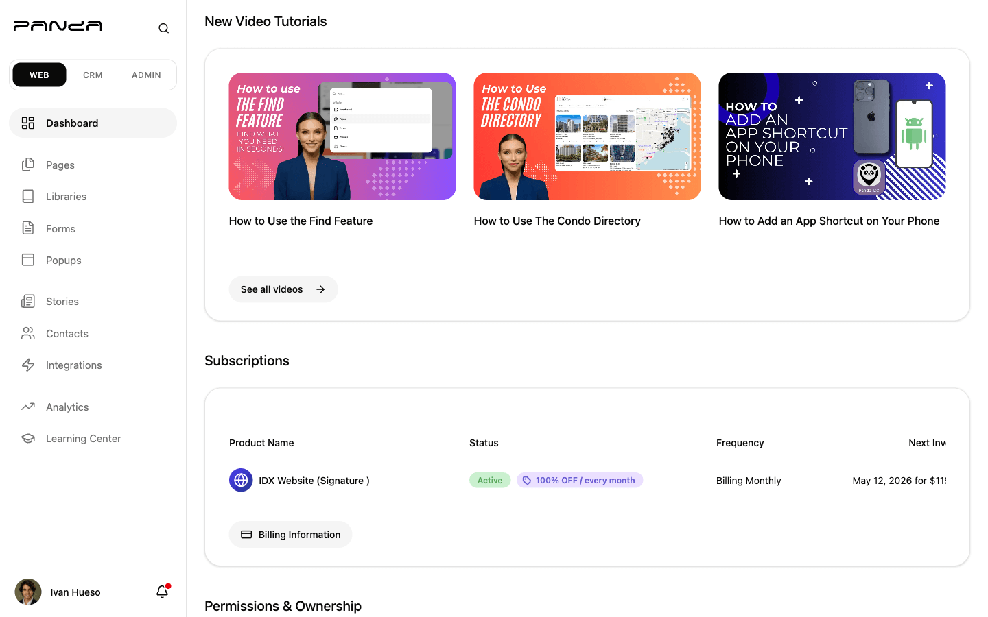 Panda IDX dashboard Subscriptions section showing IDX Website Signature plan row with Active badge and the Billing Information button below the subscription table