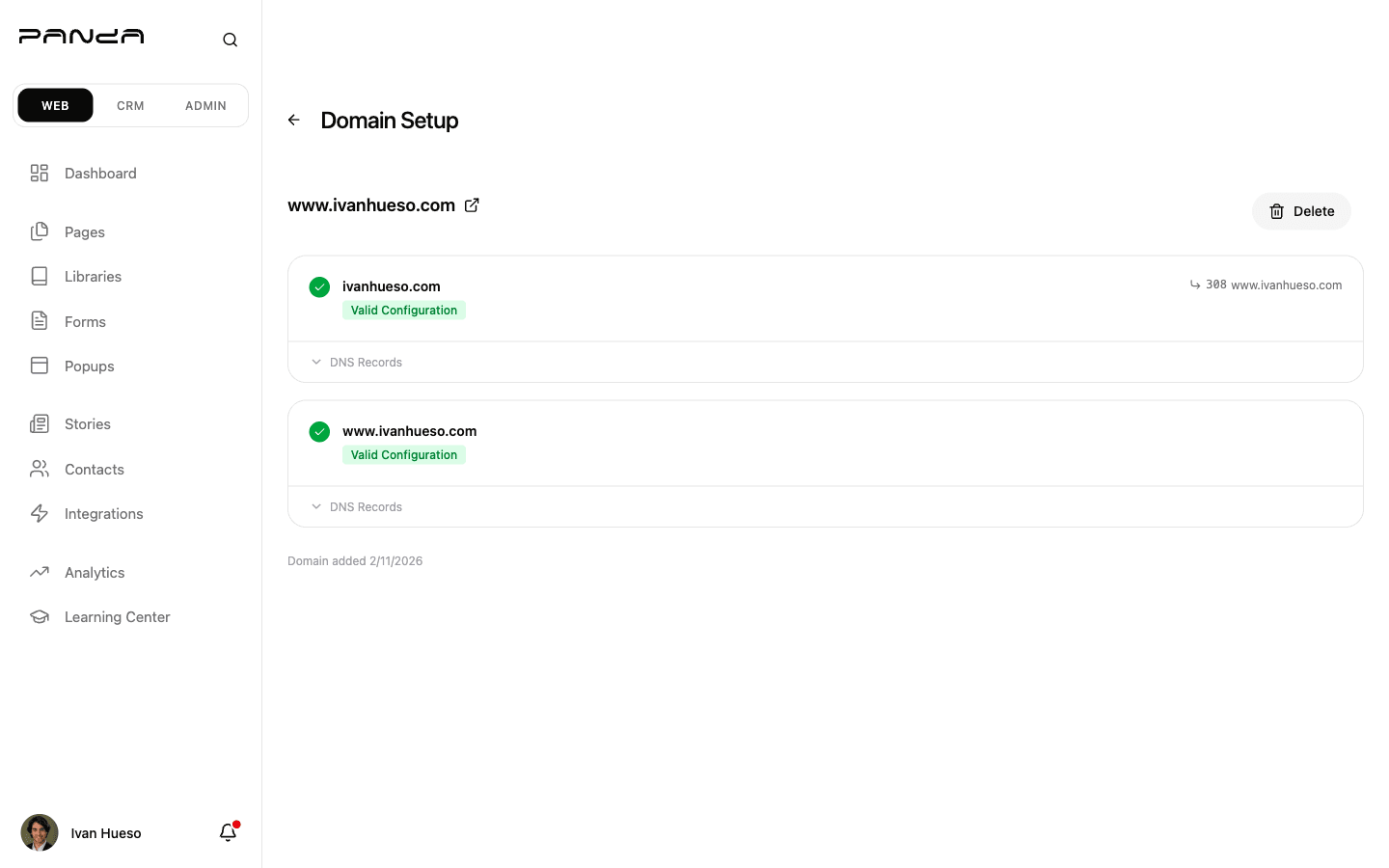 Panda IDX Domain Setup page showing ivanhueso.com and www.ivanhueso.com both verified with green Valid Configuration badges and a Delete button in the top right