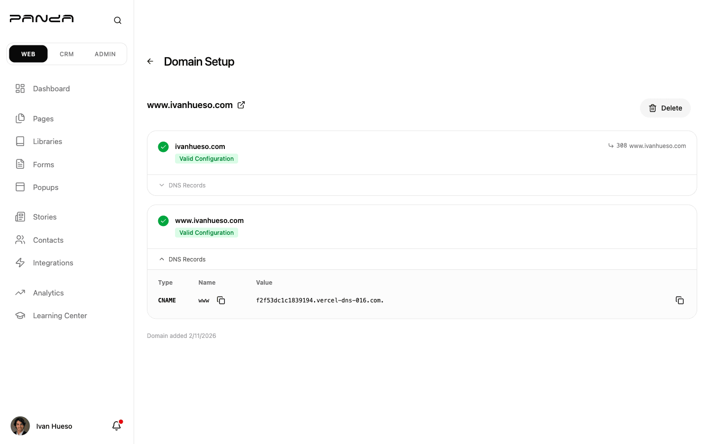 Domain Setup DNS Records table expanded showing CNAME record type, Name field set to www, and a Vercel hostname value with a copy button on the right
