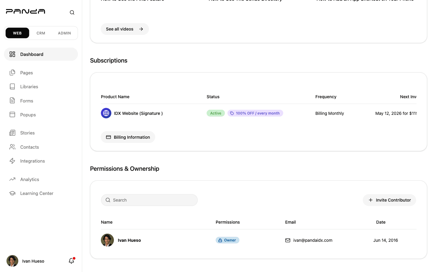 Panda IDX dashboard showing the Subscriptions table with IDX Website Signature plan active, and below it the Permissions and Ownership section with a search bar, Invite Contributor button, and Ivan Hueso listed as Owner