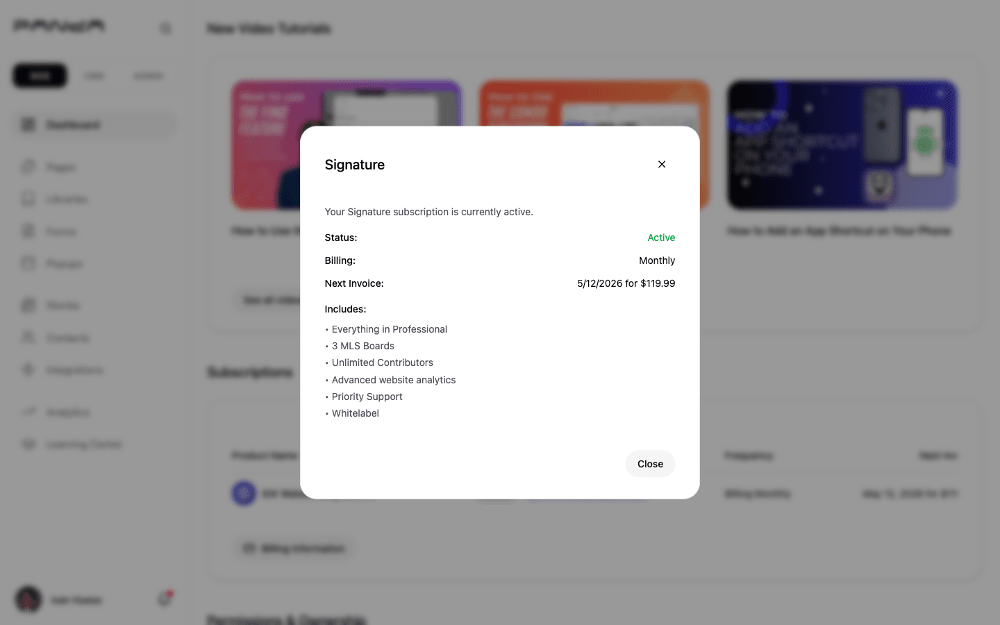 Signature plan subscription dialog showing Active status, Monthly billing, next invoice 5/12/2026 for $119.99, and a feature list including 3 MLS Boards, Unlimited Contributors, Advanced Analytics, and Whitelabel
