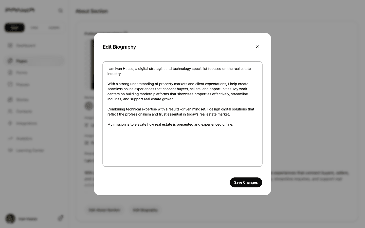 Edit Biography dialog showing multi-paragraph agent biography text typed into a large textarea with Save Changes button at the bottom right