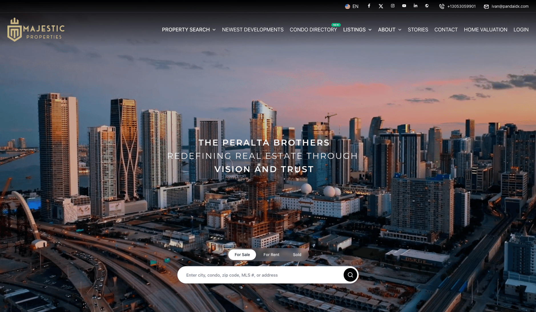 Panda IDX member website homepage showing a Miami skyline hero banner with property search bar tabs for For Sale, For Rent, and Sold