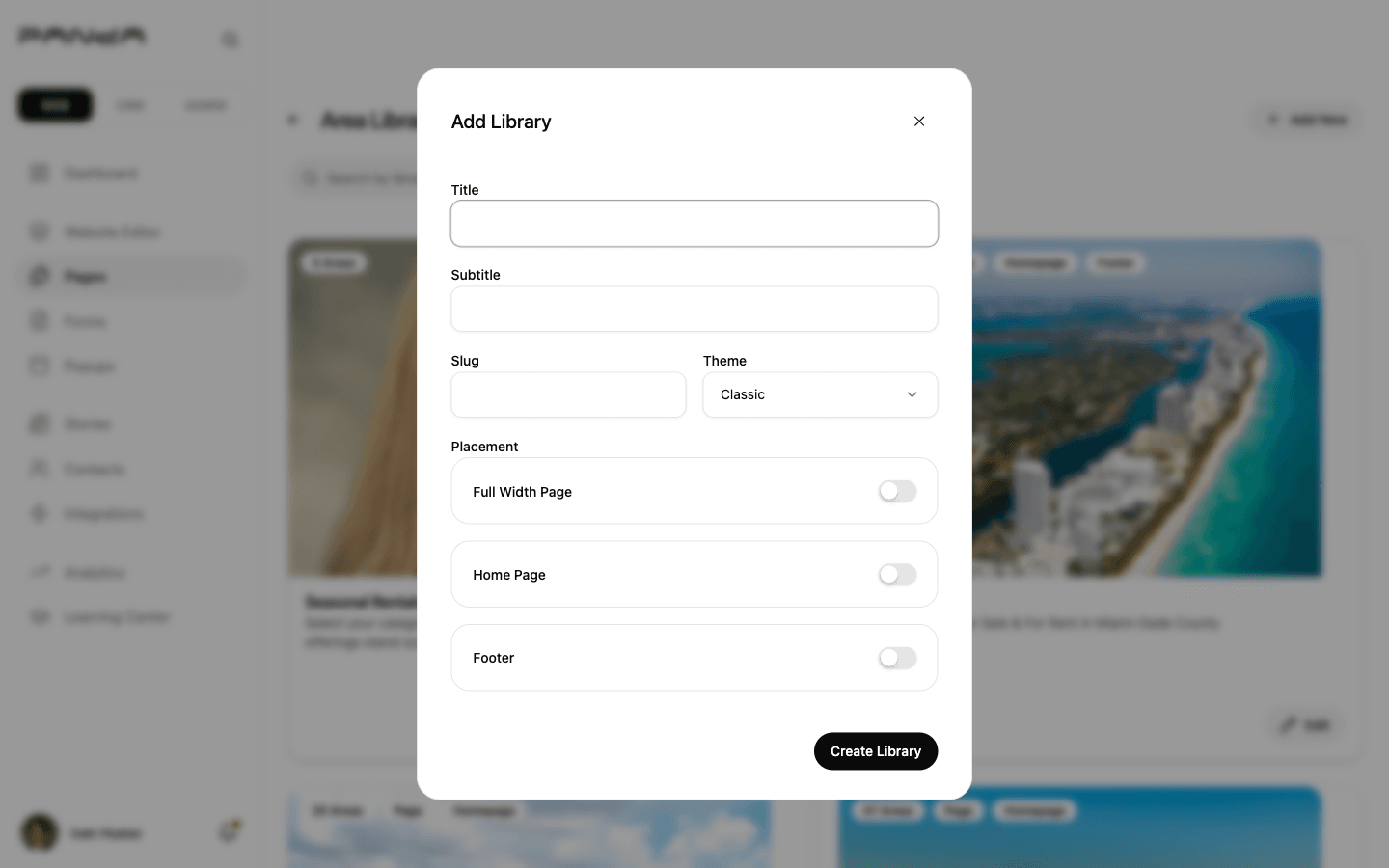 Add Library dialog with Title and Subtitle text inputs, Slug field, Theme dropdown set to Classic, and three placement toggles for Full Width Page, Home Page, and Footer all in the off position