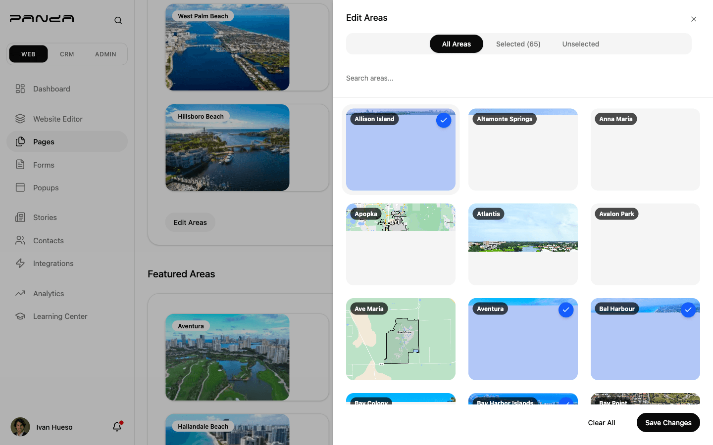 Edit Areas slide-out panel showing All Areas tab selected with a search field and a grid of neighborhood cards — selected areas highlighted in blue, unselected in white, with Clear All and Save Changes buttons at the bottom right