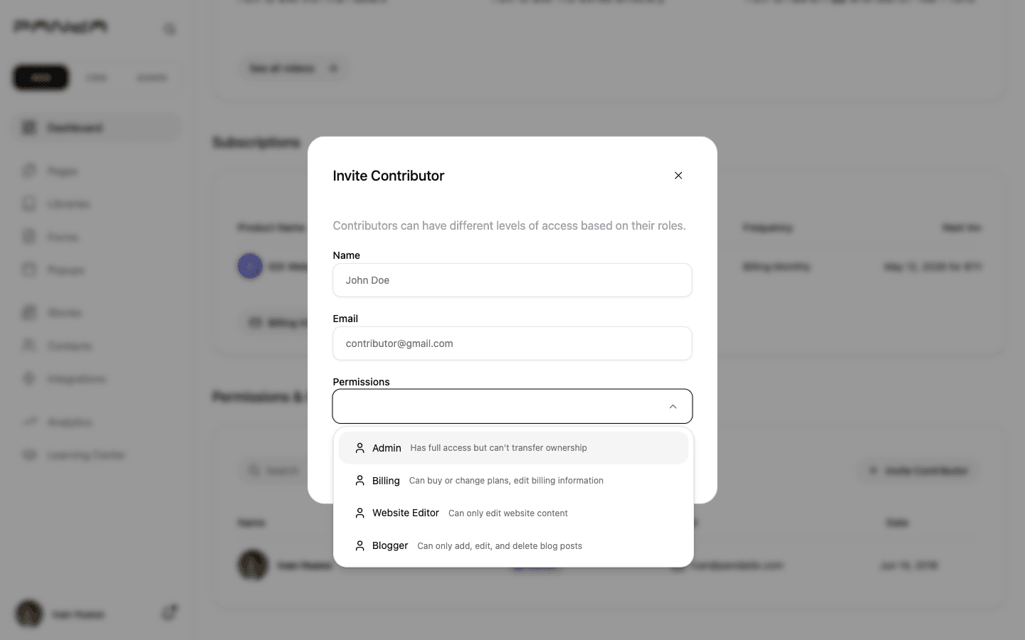 Invite Contributor dialog showing the Permissions dropdown open with four role options: Admin with full access description, Billing for plan management, Website Editor for content only, and Blogger for blog posts only