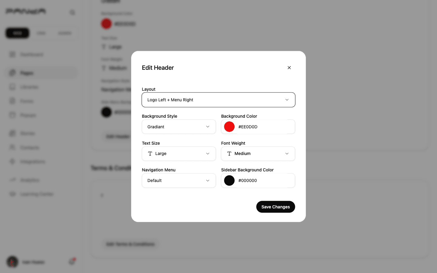 Displays the Edit Header dialog with Layout dropdown, Background Style and Color selectors, Text Size and Font Weight options, Navigation Menu type, and Sidebar Background Color picker