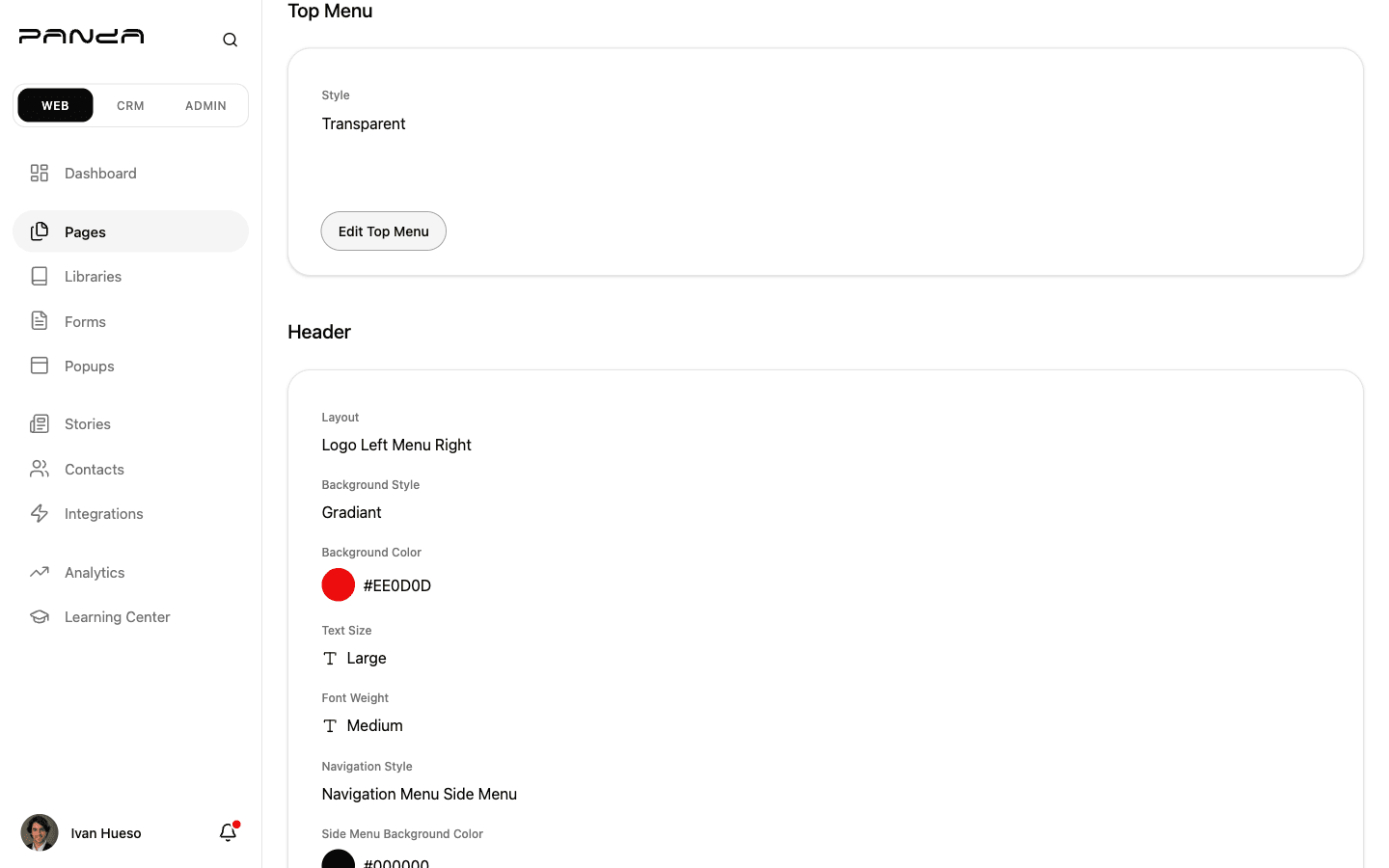 Shows the Header section displaying current Layout, Background Style, Background Color, Text Size, Font Weight, Navigation Style, and Side Menu Background Color settings