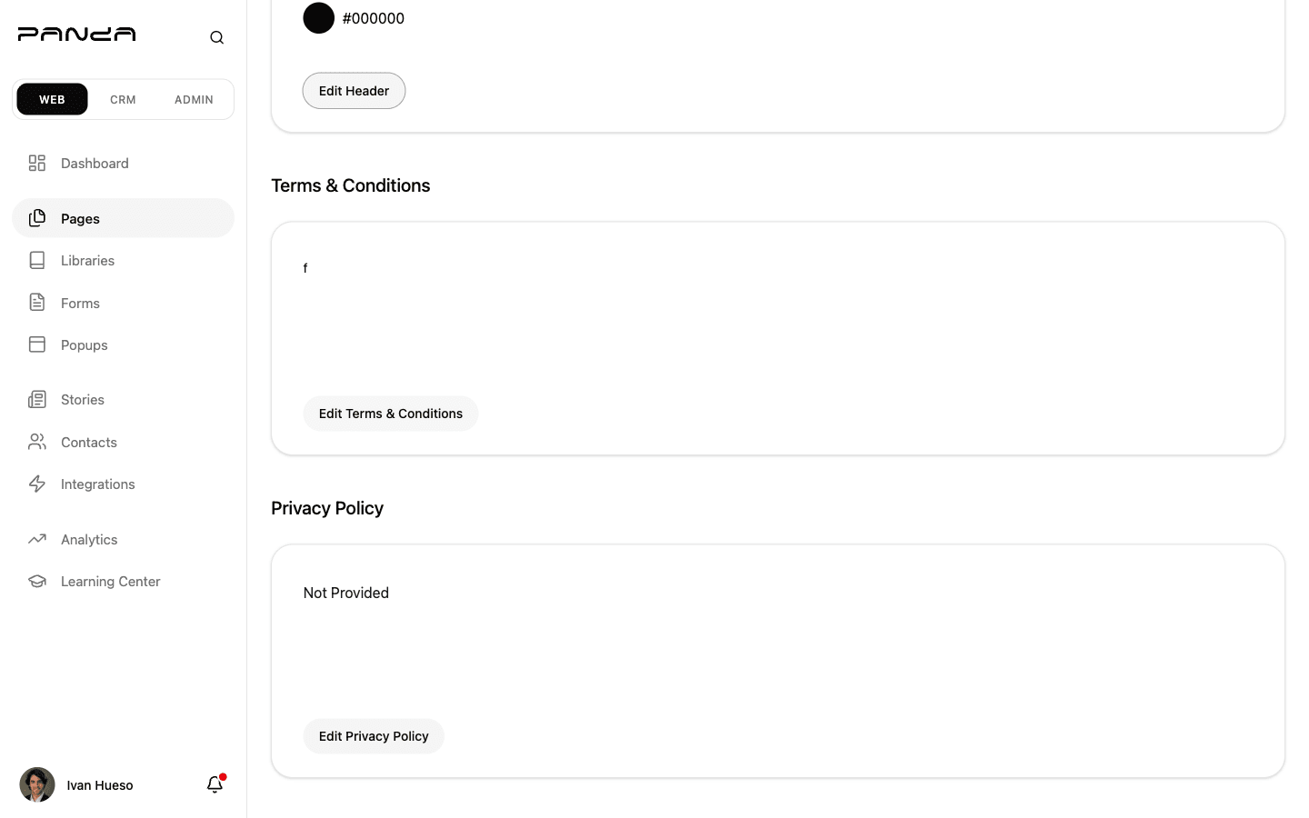 Shows the Terms and Conditions and Privacy Policy sections at the bottom of Panda IDX General Settings page with Edit buttons for each