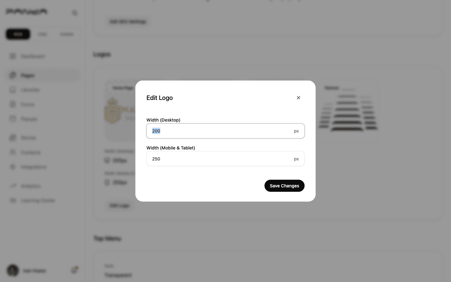 Opens the Edit Logo dialog showing Desktop Width and Mobile Tablet Width number inputs for controlling logo display size across devices