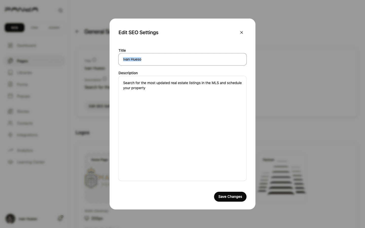 Displays the Edit SEO Settings dialog with a Title input field and Description textarea ready to configure real estate website metadata
