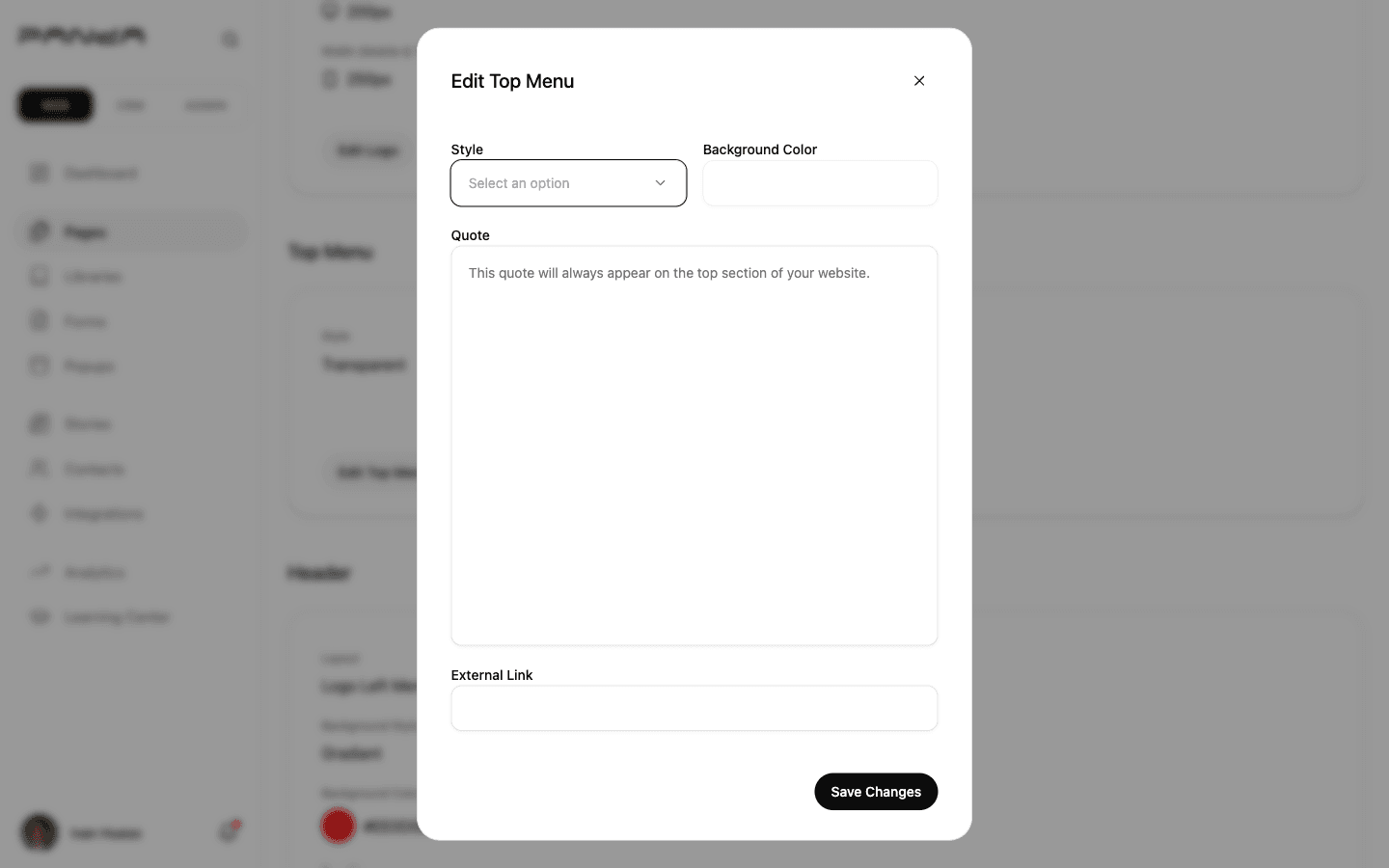 Displays the Edit Top Menu dialog with Style dropdown, Background Color picker, Quote message textarea, and External Link input field