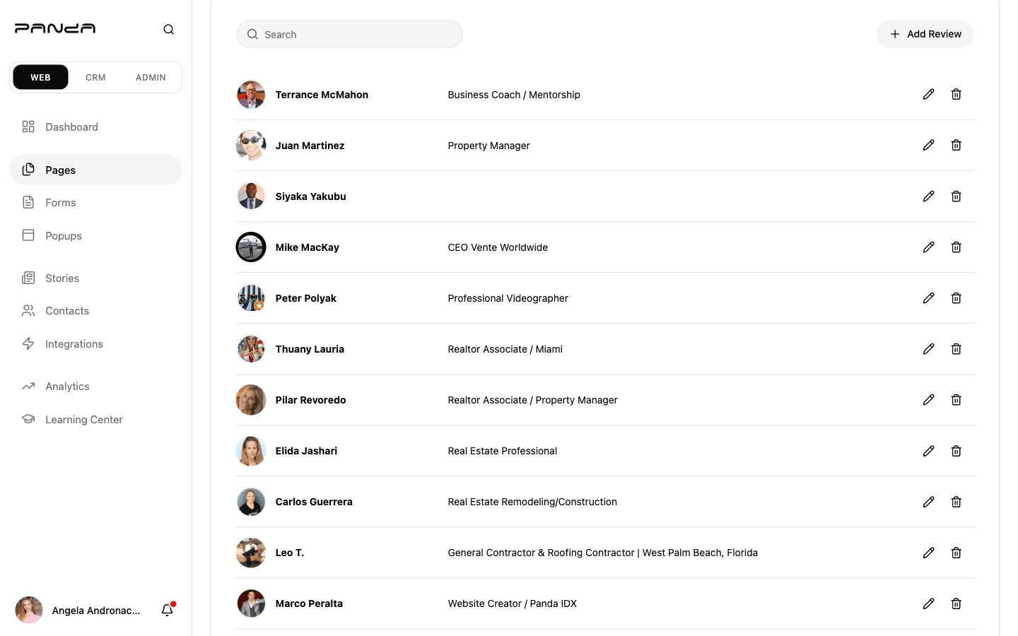 Panda IDX dashboard Reviews list showing 16 client review entries with reviewer photos, names like Terrance McMahon and Mike MacKay, titles, and pencil and trash icon buttons for each row