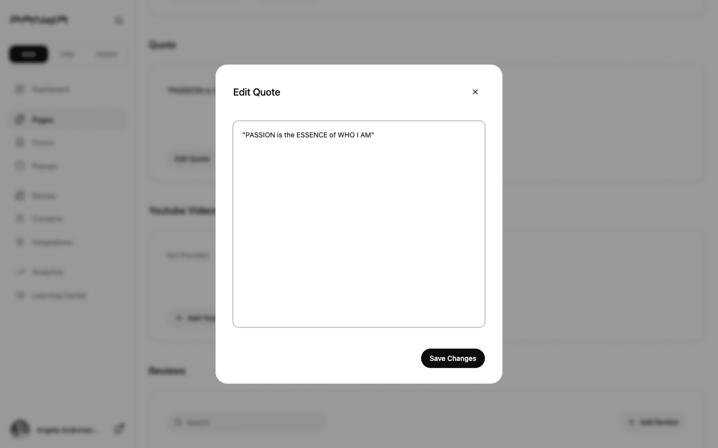 Edit Quote dialog in Panda IDX dashboard showing a textarea with the quote PASSION is the ESSENCE of WHO I AM and a Save Changes button