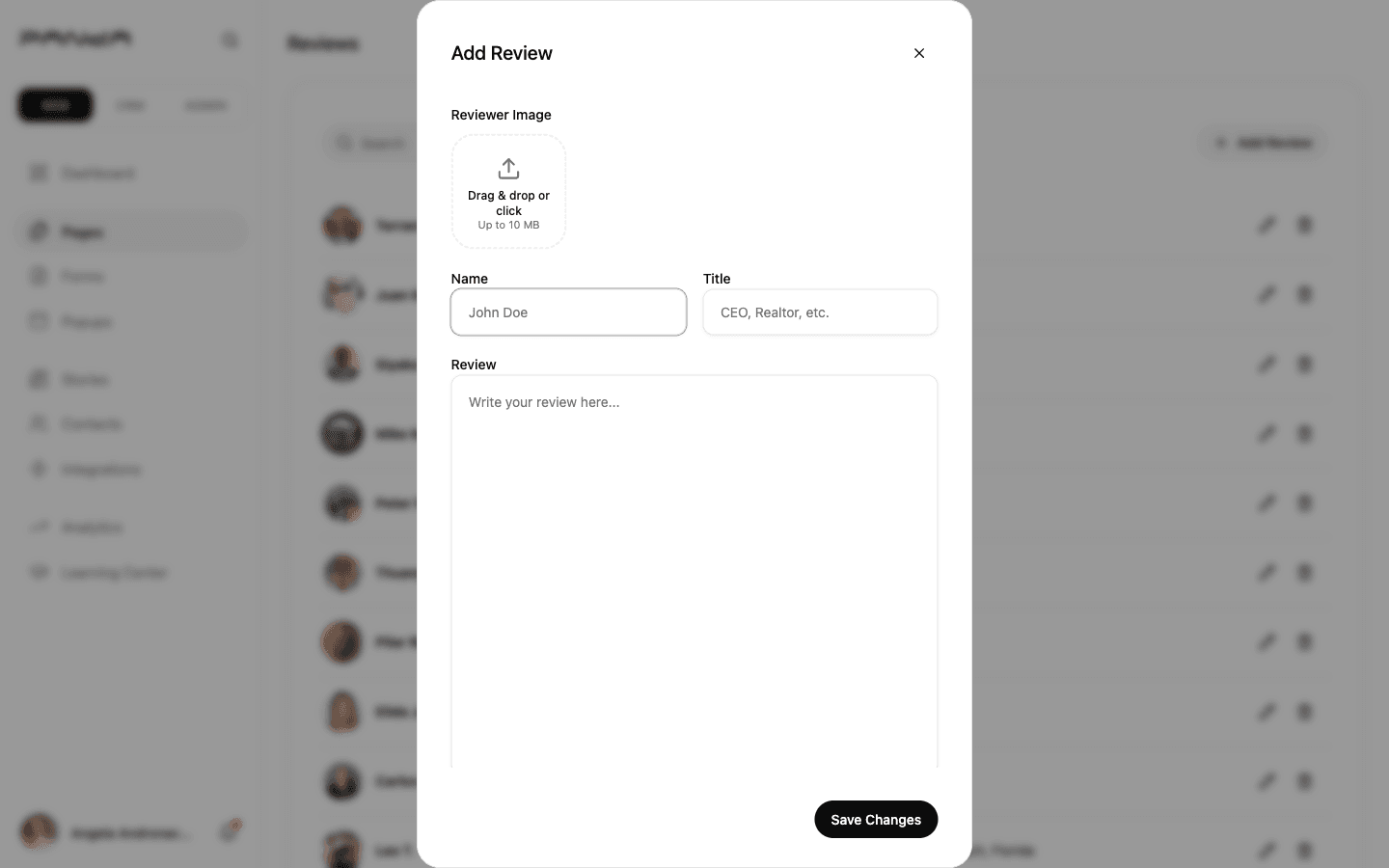 Add Review dialog with Reviewer Image upload area, Name and Title input fields with placeholder text John Doe and CEO Realtor etc, and a Review textarea