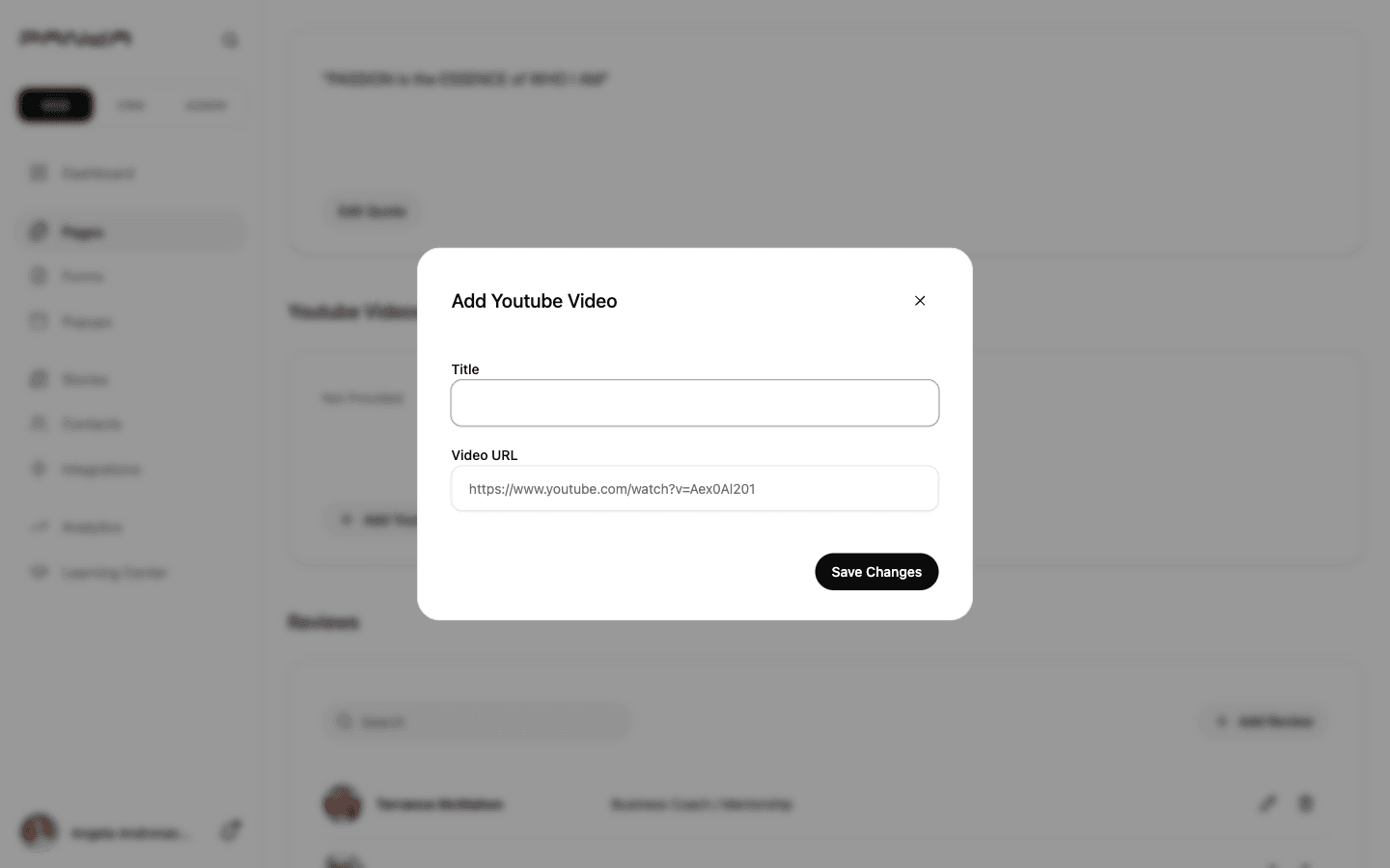 Add Youtube Video dialog showing Title text input field and Video URL field with a YouTube placeholder URL example and Save Changes button