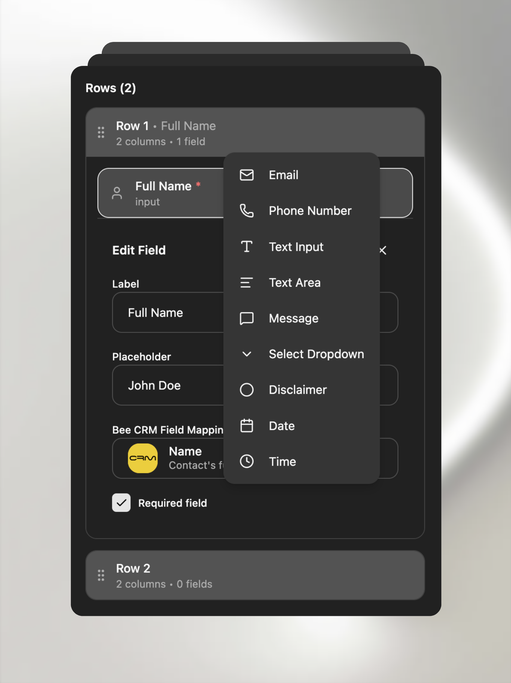 Real estate form builder adding custom fields and rows to property showing request forms