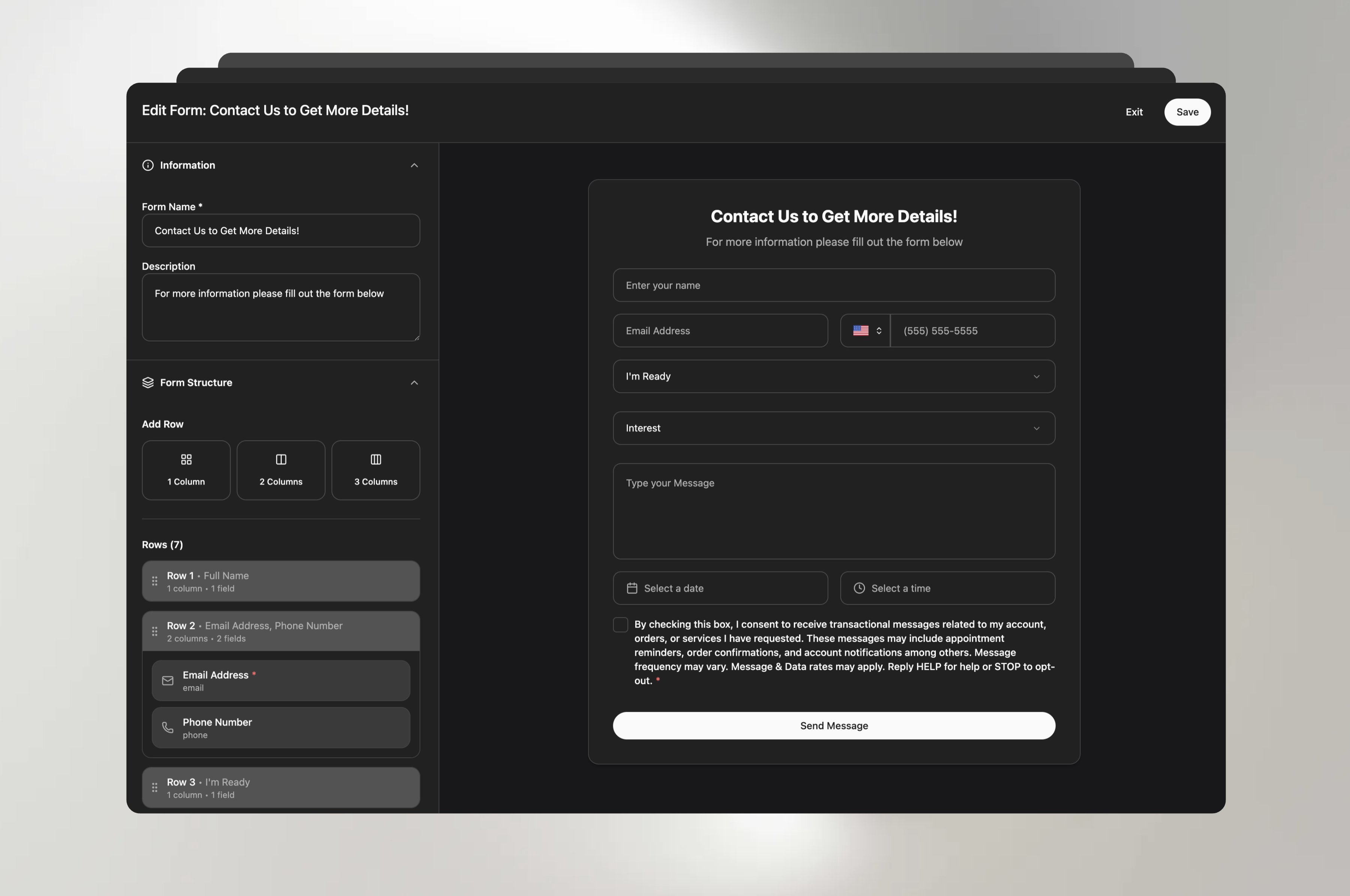 Real estate form builder interface for creating property inquiry and lead capture forms