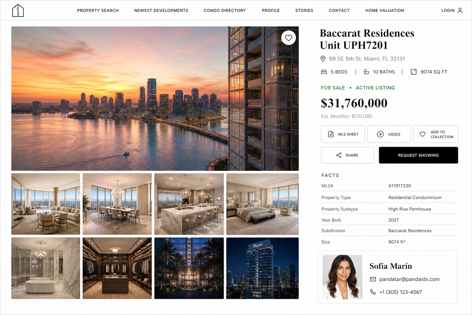 Listing detail for Baccarat Residences on a Sofía Marín website, with gallery, facts, and agent contact