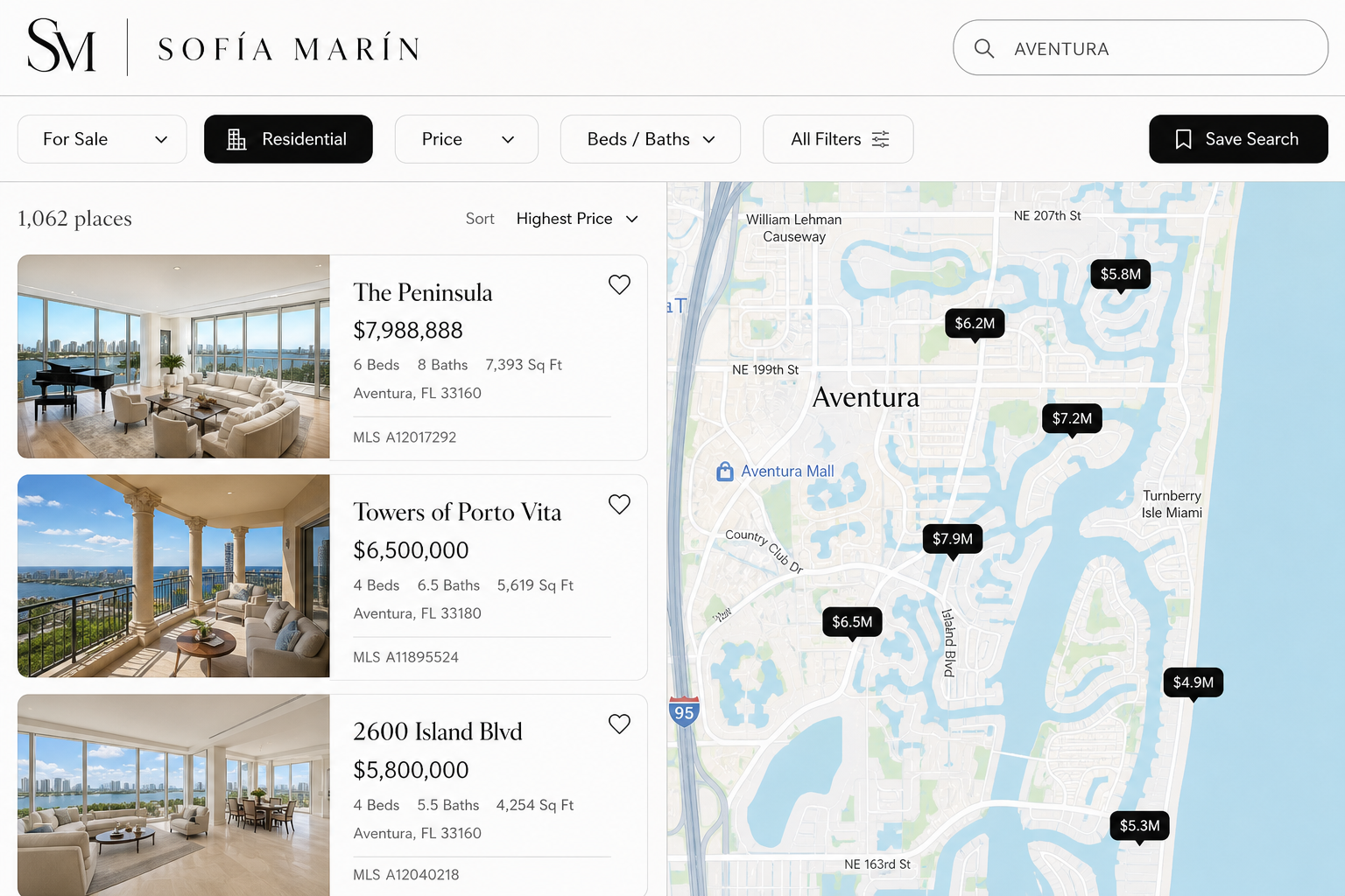 Property search results for Aventura with a condos and residential filter on a Sofía Marín website