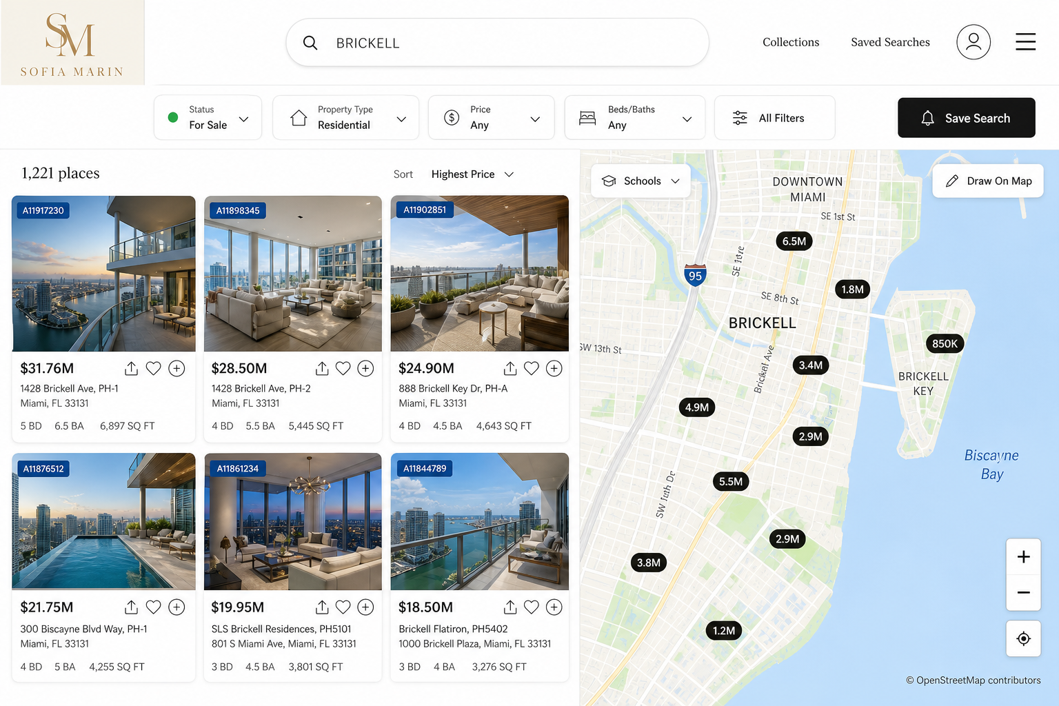 Property search results for Brickell on a Sofía Marín website, with listing cards and a map